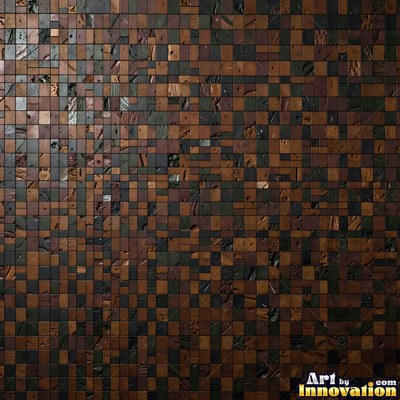 Broken tile mosaic of irregular yellow shards set in gray grout