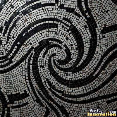 Roman style stone mosaic with a border pattern in whitewashed tones