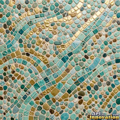Broken tile mosaic of irregular yellow shards set in gray grout