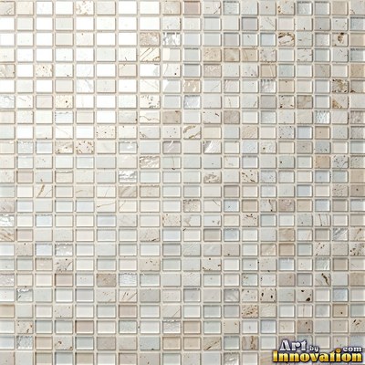 Broken tile mosaic of irregular yellow shards set in gray grout