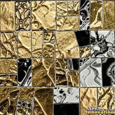 Broken tile mosaic of irregular yellow shards set in gray grout