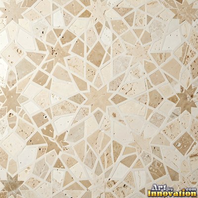 Broken tile mosaic of irregular yellow shards set in gray grout