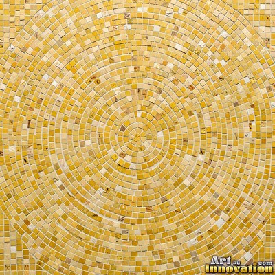 Broken tile mosaic of irregular yellow shards set in gray grout