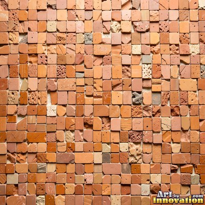 Broken tile mosaic of irregular yellow shards set in gray grout