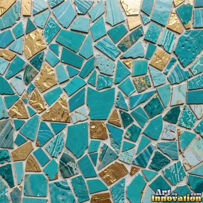 Roman style stone mosaic with a border pattern in whitewashed tones