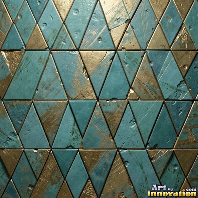 Broken tile mosaic of irregular yellow shards set in gray grout