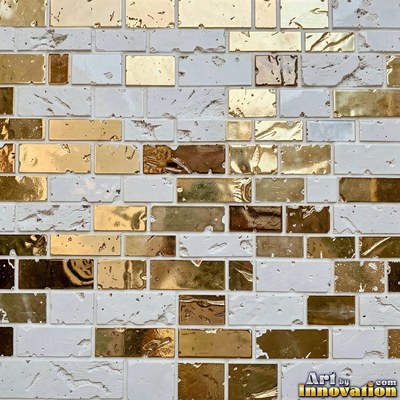 Broken tile mosaic of irregular yellow shards set in gray grout
