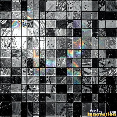 Broken tile mosaic of irregular yellow shards set in gray grout