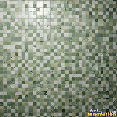Broken tile mosaic of irregular yellow shards set in gray grout