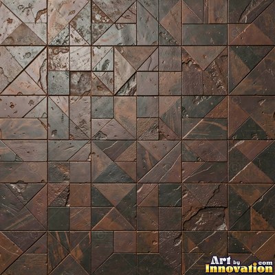 Broken tile mosaic of irregular yellow shards set in gray grout