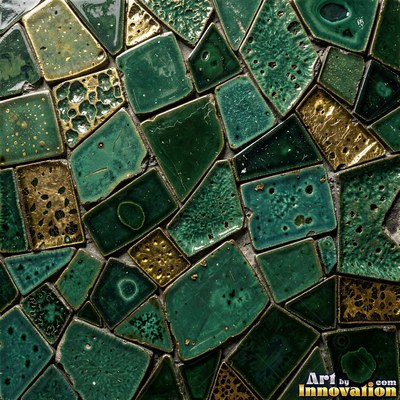 Broken tile mosaic of irregular yellow shards set in gray grout