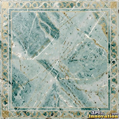 Broken tile mosaic of irregular yellow shards set in gray grout