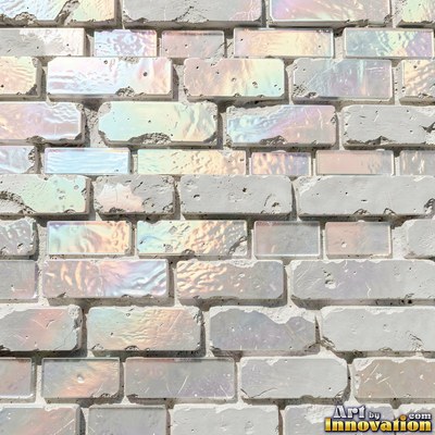 Broken tile mosaic of irregular yellow shards set in gray grout
