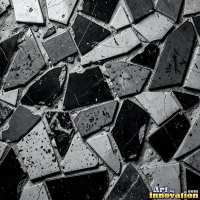 Broken tile mosaic of irregular yellow shards set in gray grout