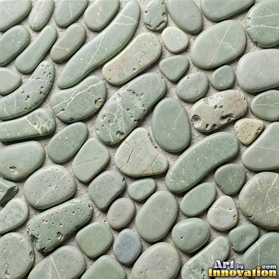 Broken tile mosaic of irregular yellow shards set in gray grout
