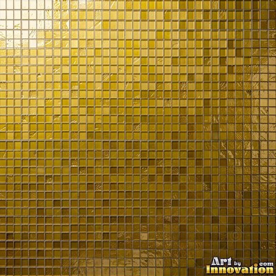 Broken tile mosaic of irregular yellow shards set in gray grout