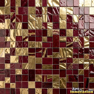Broken tile mosaic of irregular yellow shards set in gray grout