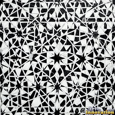 Broken tile mosaic of irregular yellow shards set in gray grout