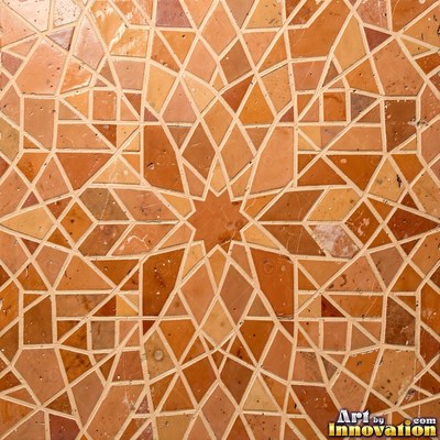 Roman style stone mosaic with a border pattern in whitewashed tones