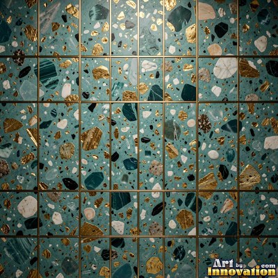 Black and white terrazzo flecked with mother of pearl, evenly lit