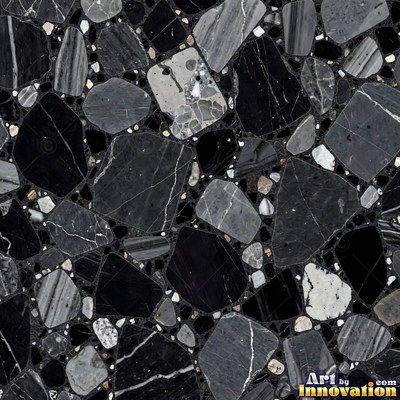 Black and white terrazzo flecked with mother of pearl, evenly lit