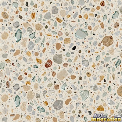Black and white terrazzo flecked with mother of pearl, evenly lit