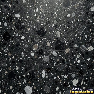 Black and white terrazzo flecked with mother of pearl, evenly lit