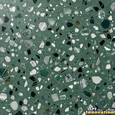 Black and white terrazzo flecked with mother of pearl, evenly lit