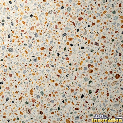 Polished terrazzo with small stone chips scattered evenly across a charcoal base