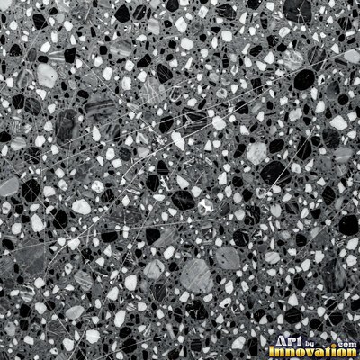 Black and white terrazzo flecked with mother of pearl, evenly lit