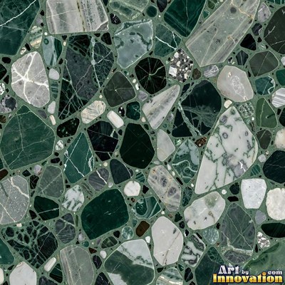 Black and white terrazzo flecked with mother of pearl, evenly lit