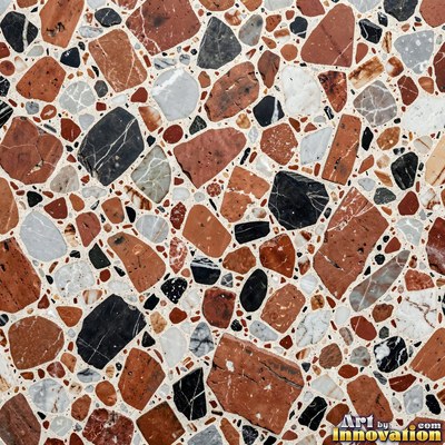 Black and white terrazzo flecked with mother of pearl, evenly lit