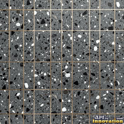 Black and white terrazzo flecked with mother of pearl, evenly lit