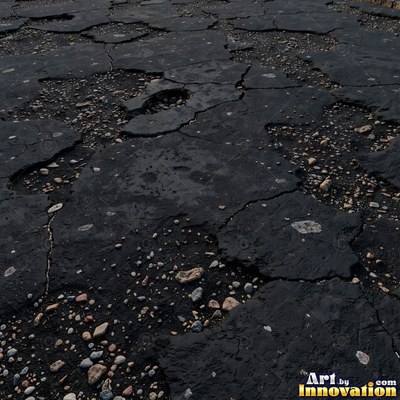 Wet asphalt glistening with small puddles in a greenish gray tone