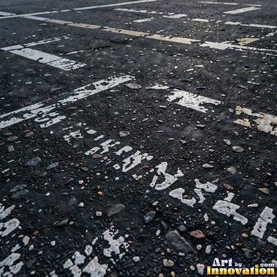 Worn asphalt with faded fragments of painted road lines