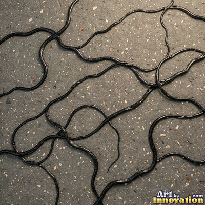 Asphalt pavement marked with oil stains and tire scuffs in medium gray
