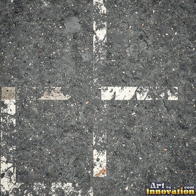 Asphalt pavement marked with oil stains and tire scuffs in medium gray