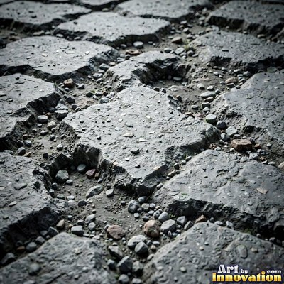 Worn asphalt with faded fragments of painted road lines