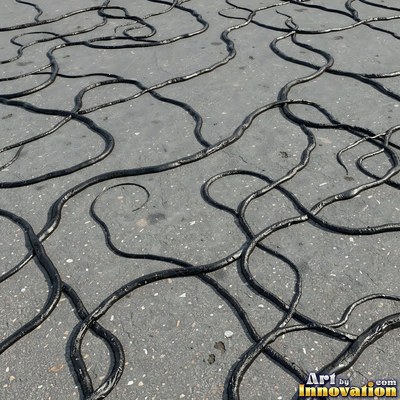 Fresh light gray asphalt with fine gravel texture, flat overhead view