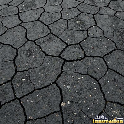 Asphalt pavement marked with oil stains and tire scuffs in medium gray