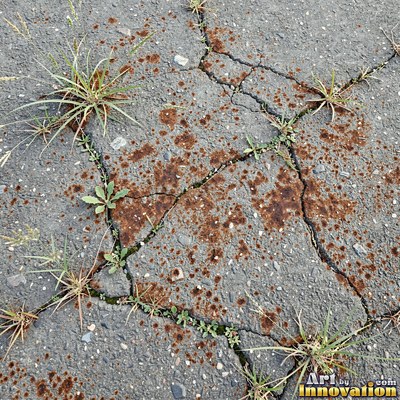 Asphalt pavement marked with oil stains and tire scuffs in medium gray