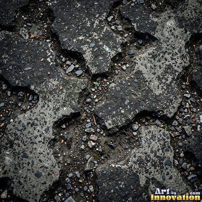 Wet asphalt glistening with small puddles in a greenish gray tone