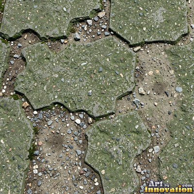 Asphalt pavement marked with oil stains and tire scuffs in medium gray