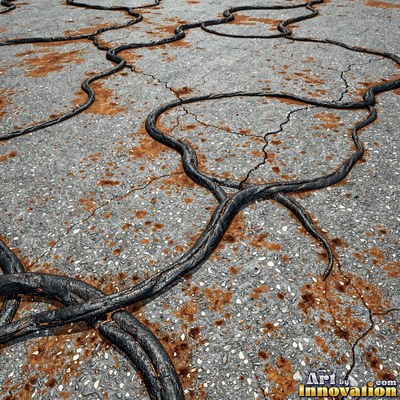 Wet asphalt glistening with small puddles in a greenish gray tone