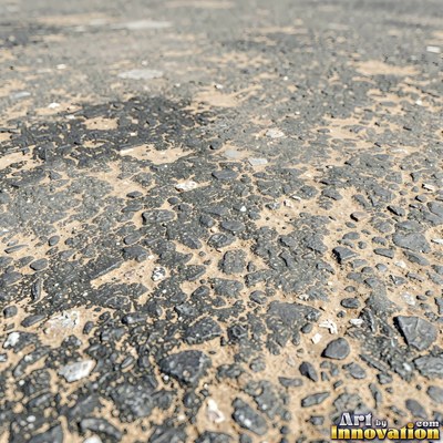 Worn asphalt with faded fragments of painted road lines