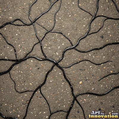 Asphalt pavement marked with oil stains and tire scuffs in medium gray
