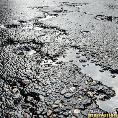 Worn asphalt with faded fragments of painted road lines
