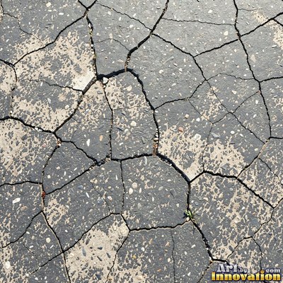Asphalt pavement marked with oil stains and tire scuffs in medium gray