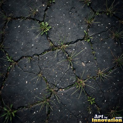Asphalt pavement marked with oil stains and tire scuffs in medium gray