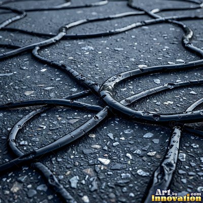Worn asphalt with faded fragments of painted road lines